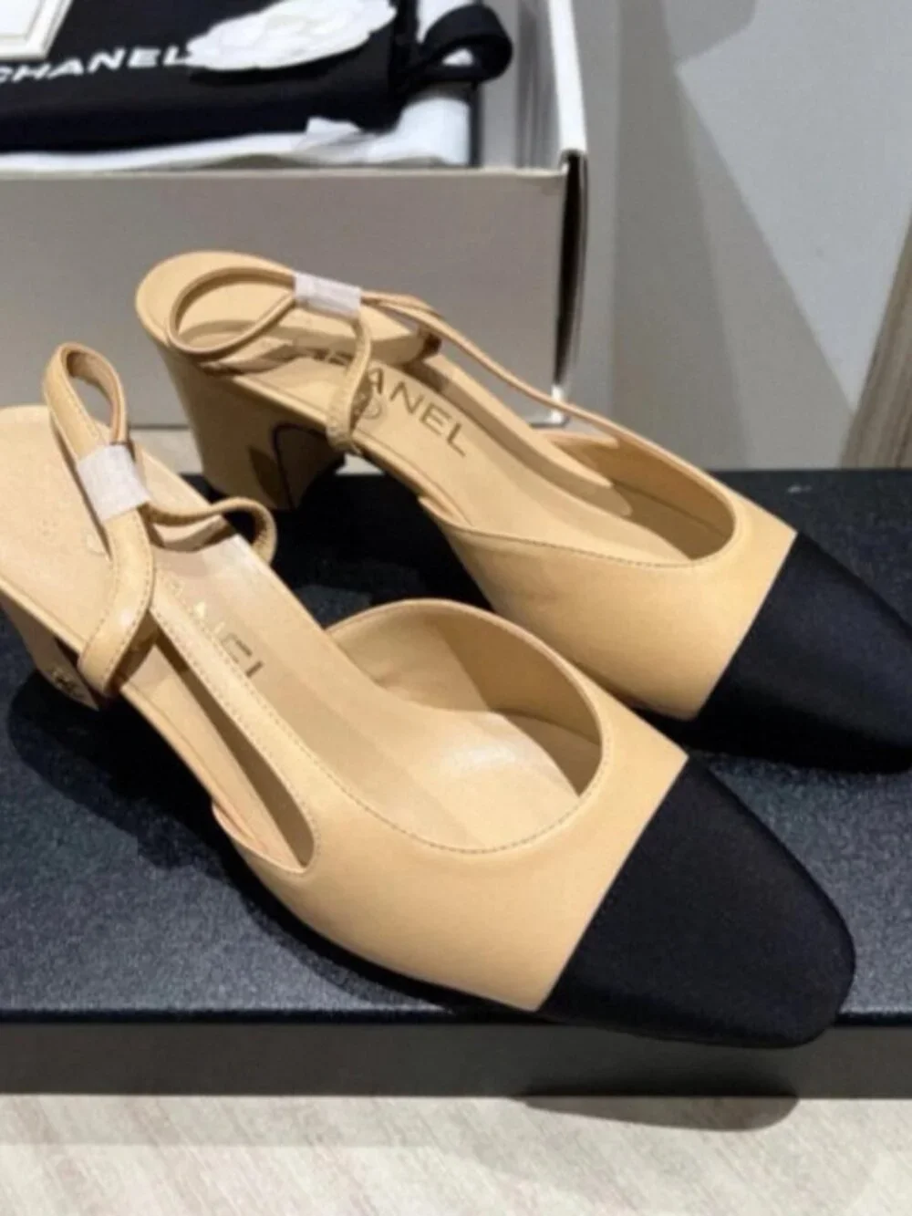 CHANEL Beige & Black Slingback Pumps – Size 39, with Original Box